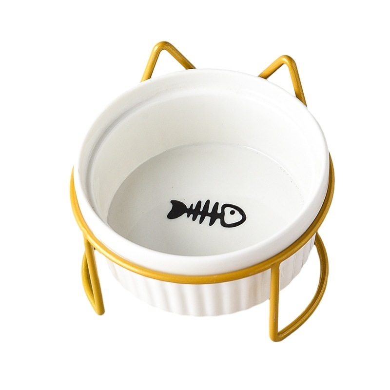 290/420/700g Double Cat Bowl with Iron Stand Slanted Ceramic Pet Dish Anti-Spill Neck Support Imprint Fish Bone/Cat's Paw